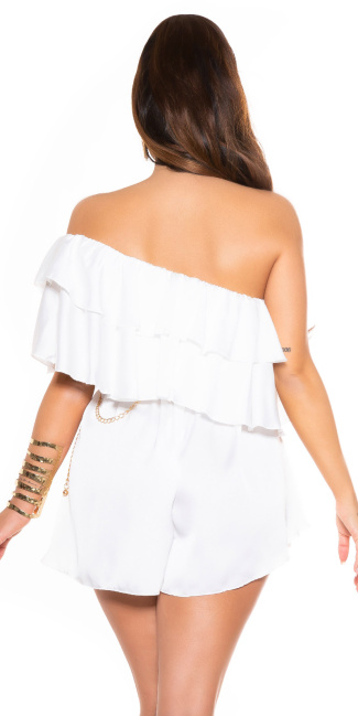 Off-Shoulder Satin- Look Ruffled Overall White